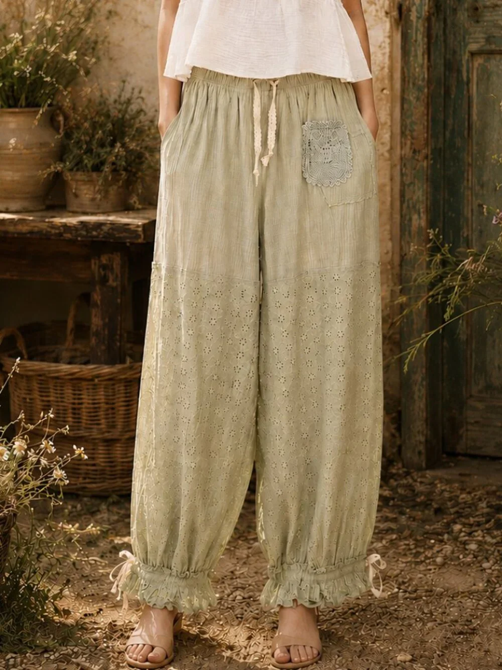 POL Boho Victorian Lace & Crochet Ruffle Ankles Eyelet Drawstring Feminine Pants - Picture 1 of 11